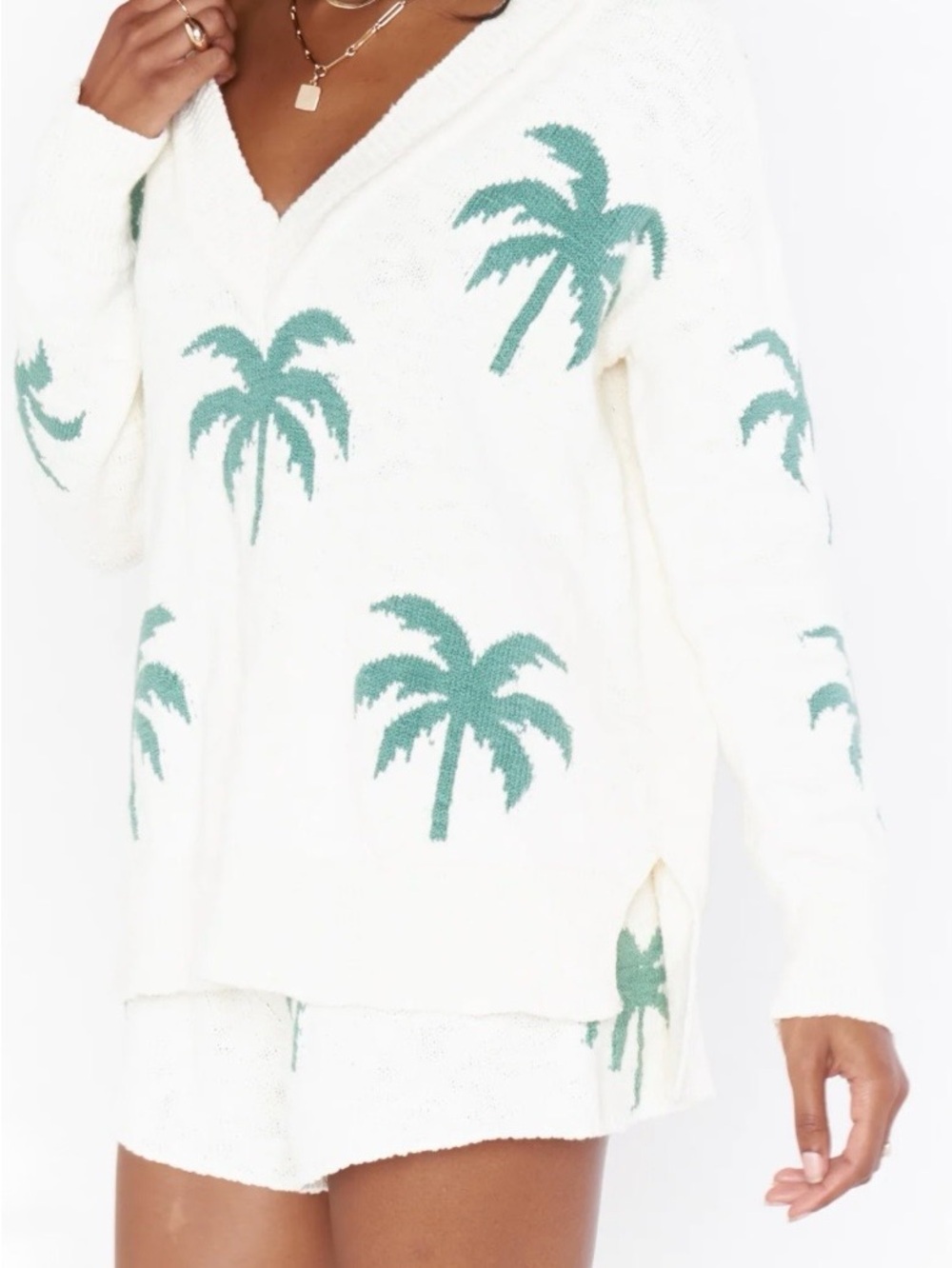 Ivory V‑Neck Palm‑Print Over Sized Sweater Green Palm Motif Size Medium